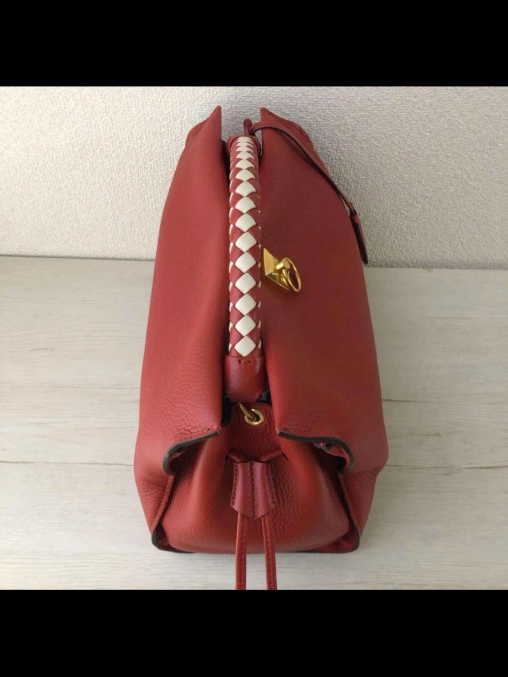 Mulberry Red Leather Satchel with Woven Top Handle - Picture 4 of 8